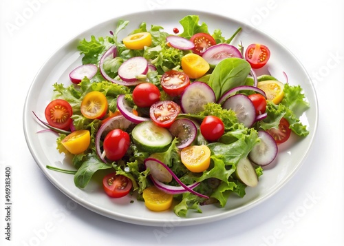 Fresh Fattoush salad with mixed greens and vinaigrette, isolated on white background