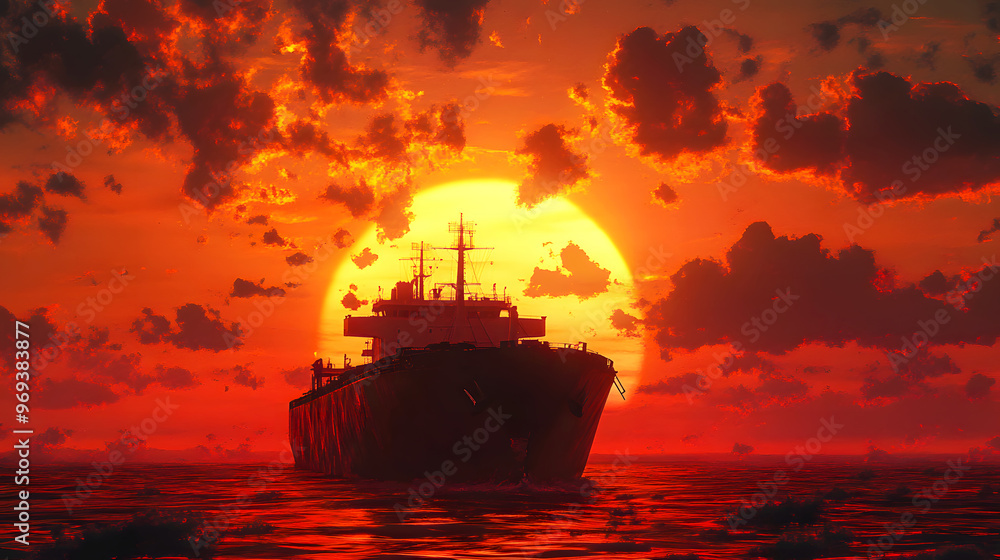 Fototapeta premium epic view of a cargo ship against the backdrop of a setting sun, the sky illuminated in bold colors of orange and red