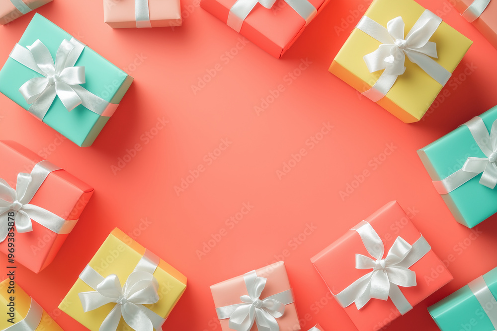 A set of bright colorful gift boxes with a luxurious gold satin ribbon perfect for a soft celebratory theme for christmas, birthday, A set of bright colorful gift boxes with a luxurious gold satin ribbon perfect for a soft celebratory theme for christmas, birthday,