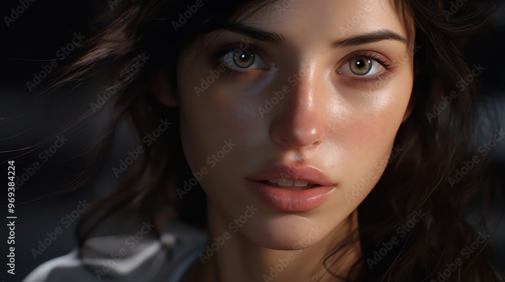 A striking portrait capturing the soulful gaze and natural beauty of a young woman with expressive features and soft lighting. A striking portrait capturing the soulful gaze and natural beauty of a young woman with expressive features and soft lighting.