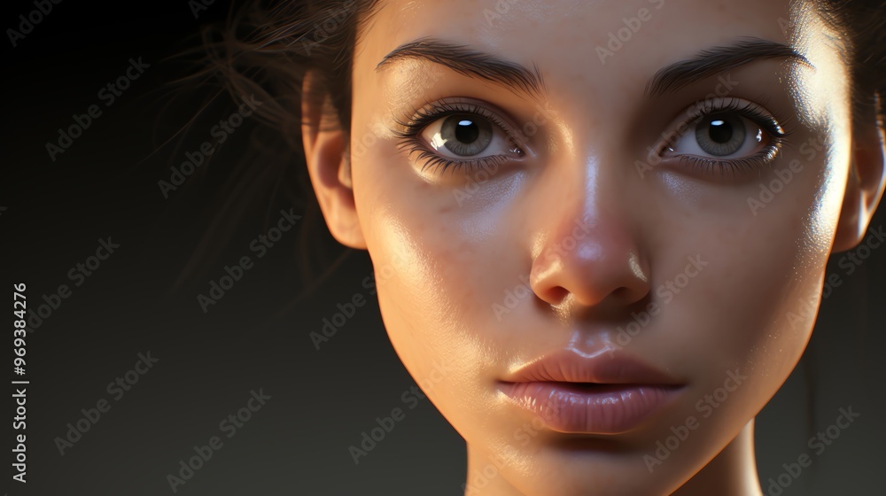 Close-up of an elegant face with captivating eyes, showcasing smooth skin and natural beauty in dramatic lighting. Close-up of an elegant face with captivating eyes, showcasing smooth skin and natural beauty in dramatic lighting.