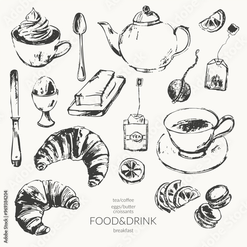 Hand drawn vector food ink sketch illustration. Tea, coffee, breakfast croissant, egg, butter, sweet dessert, teapot, cup, sieve, macarons, teabag