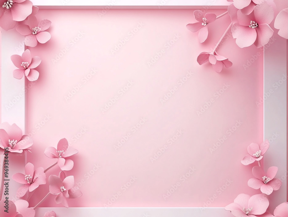 A white frame with pink flowers surrounding it. The frame is empty, but the flowers are arranged in a way that creates a sense of balance and harmony A white frame with pink flowers surrounding it. The frame is empty, but the flowers are arranged in a way that creates a sense of balance and harmony