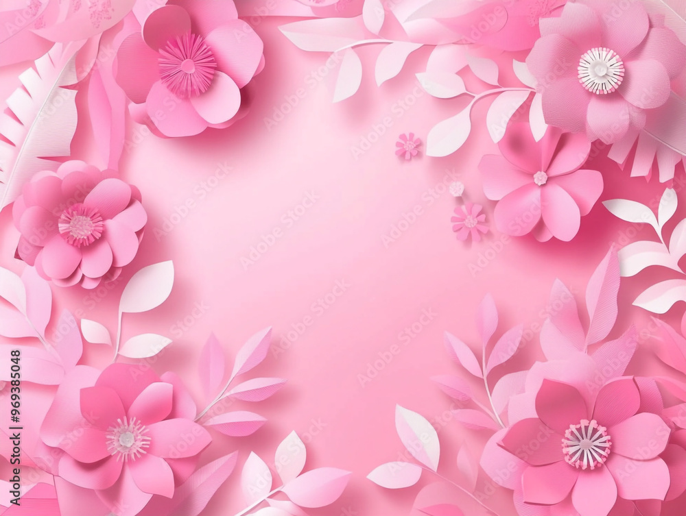 A white frame with pink flowers surrounding it. The frame is empty, but the flowers are arranged in a way that creates a sense of balance and harmony A white frame with pink flowers surrounding it. The frame is empty, but the flowers are arranged in a way that creates a sense of balance and harmony