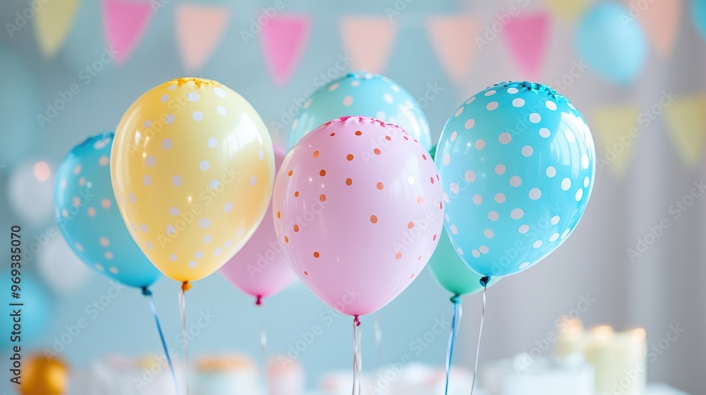 Pastel Color Birthday Party Balloons Floating in the Air Pastel Color Birthday Party Balloons Floating in the Air