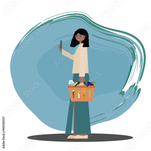 Smiling dark-skinned girl shopping,holding orange basket with groceries and phone with shopping list. Side view. Vector illustration in flat style. For use in e-commerce, mobile app, retail promotions