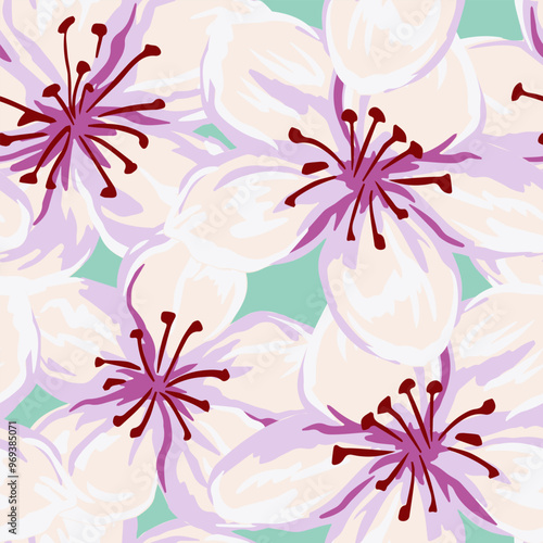 Spring pattern with blooming large flowers. Abstract artistic florals seamless printing. Vector painted ornament for designs, cover, fabric, textiles