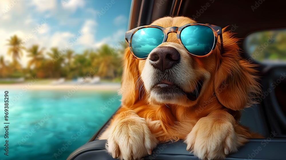 A dog wearing sunglasses enjoys a scenic view from a car by the beach. A dog wearing sunglasses enjoys a scenic view from a car by the beach.