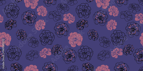 Dark seamless pattern with abstract artistic shapes buttercups, pansies flowers on violet background. Creative stylized floral print. Vector hand drawn. Fashionable nature ornament for designs