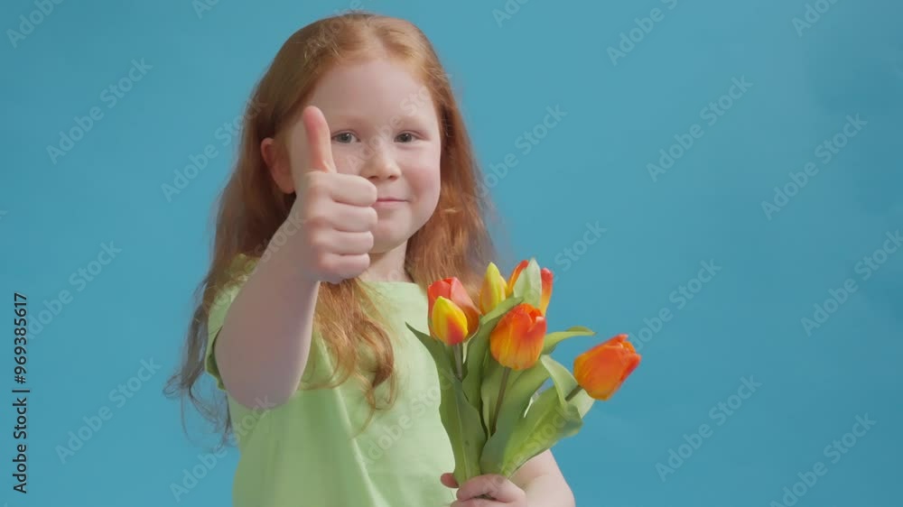 Child Joyfully Presents a Vibrant Bouquet of Tulips Against Bright Blue Backdrop Child Joyfully Presents a Vibrant Bouquet of Tulips Against Bright Blue Backdrop