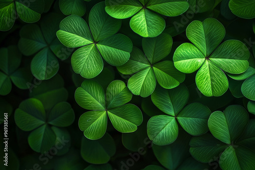  a peaceful image of multiple water droplets splashing across green clover leafs. The clarity of the droplets and the fine texture of the leaf should create a soothing, spa-like atmosphere.