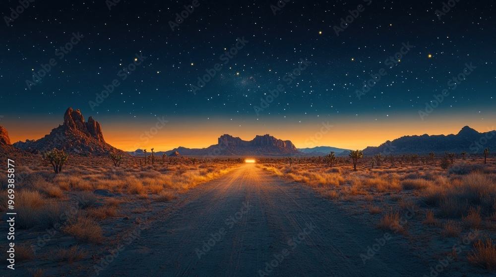 Serene desert road under a starlit sky at twilight. Serene desert road under a starlit sky at twilight.