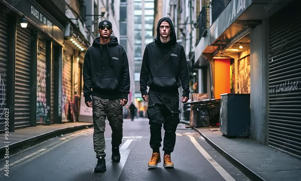 Urban Streetwear Style: Two young men, dressed in contemporary streetwear, exude confidence and coolness as they walk down a gritty alleyway. Their stylish black hoodies, combat pants Urban Streetwear Style: Two young men, dressed in contemporary streetwear, exude confidence and coolness as they walk down a gritty alleyway. Their stylish black hoodies, combat pants