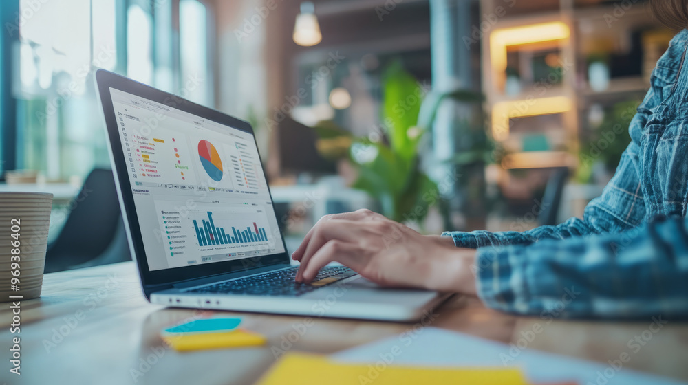A marketer reviewing social media performance metrics on a laptop in a creative office setting A marketer reviewing social media performance metrics on a laptop in a creative office setting