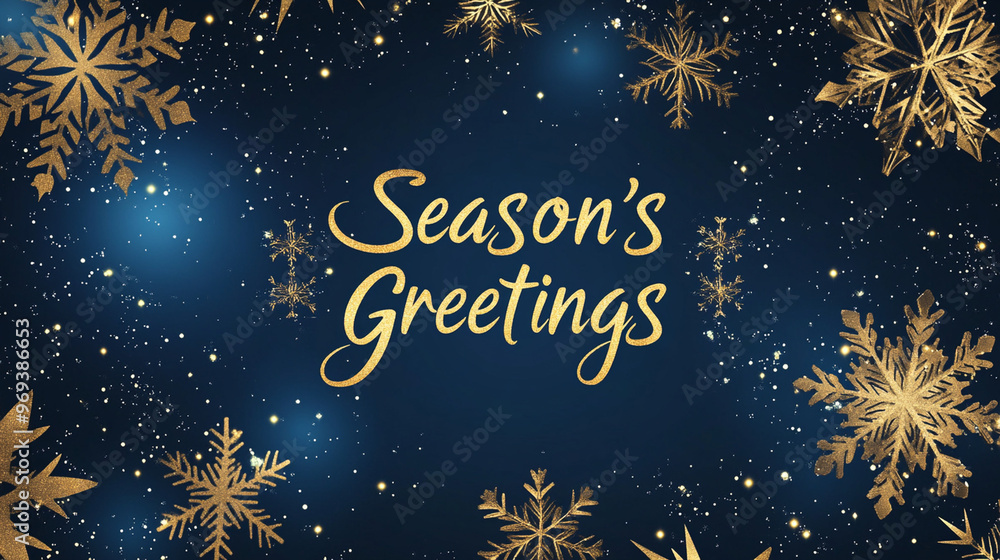 Fototapeta premium Elegant Christmas card, gold snowflakes on dark blue background, luxurious and sophisticated design, sparkling accents.