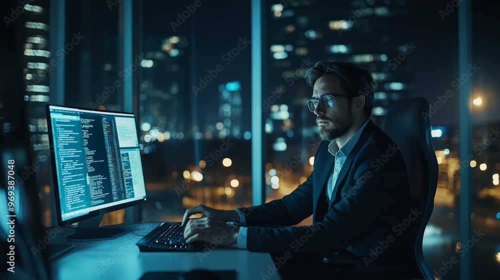 A marketer working late at night, analyzing the latest SEO trends on a computer A marketer working late at night, analyzing the latest SEO trends on a computer