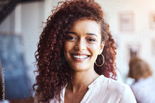 Portrait, woman and happy in office for small business, career development and growth. Intern, smile or positive face in startup for employment, determination or excited for fun opportunity in Brazil