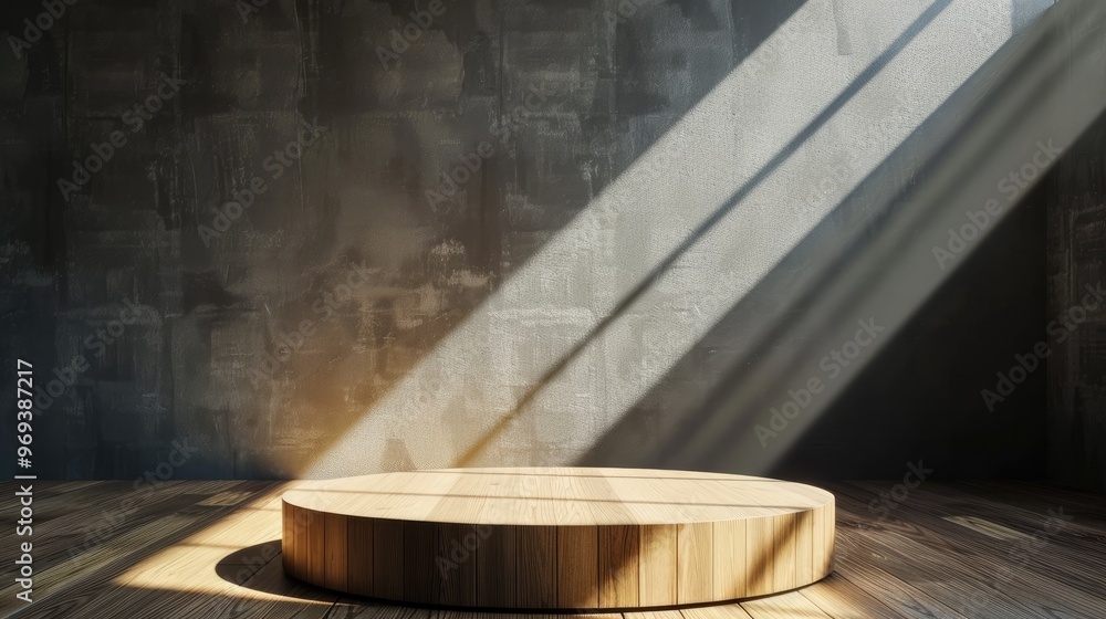 Fototapeta premium Wooden circular platform or pedestal illuminated by dramatic spotlight in a minimalist industrial style studio or exhibition space background Geometric abstract