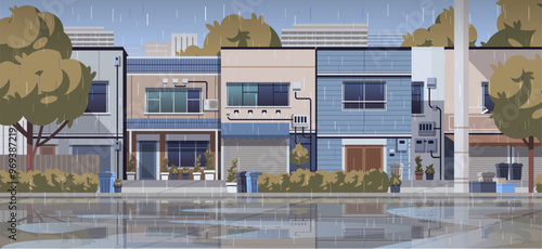 Asian residential street in rainy weather. Vector street landscape view banner