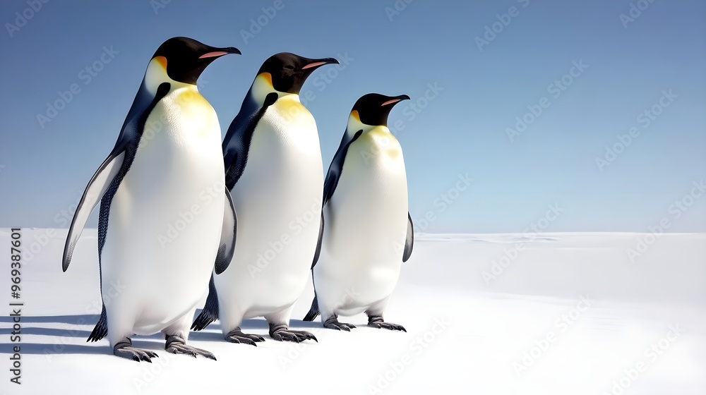 Fototapeta premium A stunning view of three emperor penguins standing on a snow-covered landscape under a clear blue sky, showcasing their unique features.