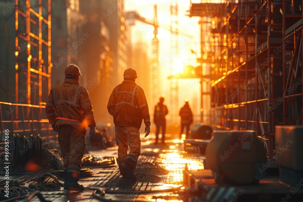 Construction workers walk into the sunset on a bustling city site filled with scaffolding and cranes during evening hours Construction workers walk into the sunset on a bustling city site filled with scaffolding and cranes during evening hours