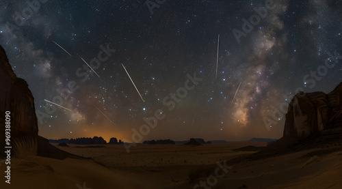 Wallpaper Mural Desert Night Sky with Shooting Stars and Milky Way - Realistic Photo Torontodigital.ca