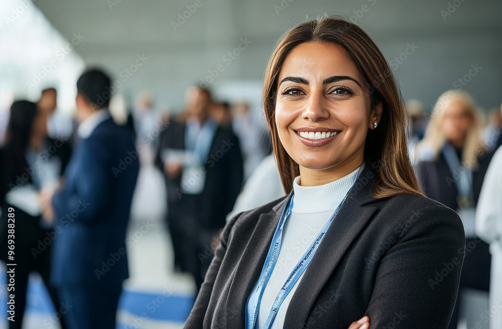 A confident businesswoman with a friendly smile stands out in a crowd of people at a conference. A confident businesswoman with a friendly smile stands out in a crowd of people at a conference.