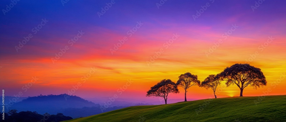 Fototapeta premium Rural Sunset Amidst Rolling Hills and Silhouette Trees
