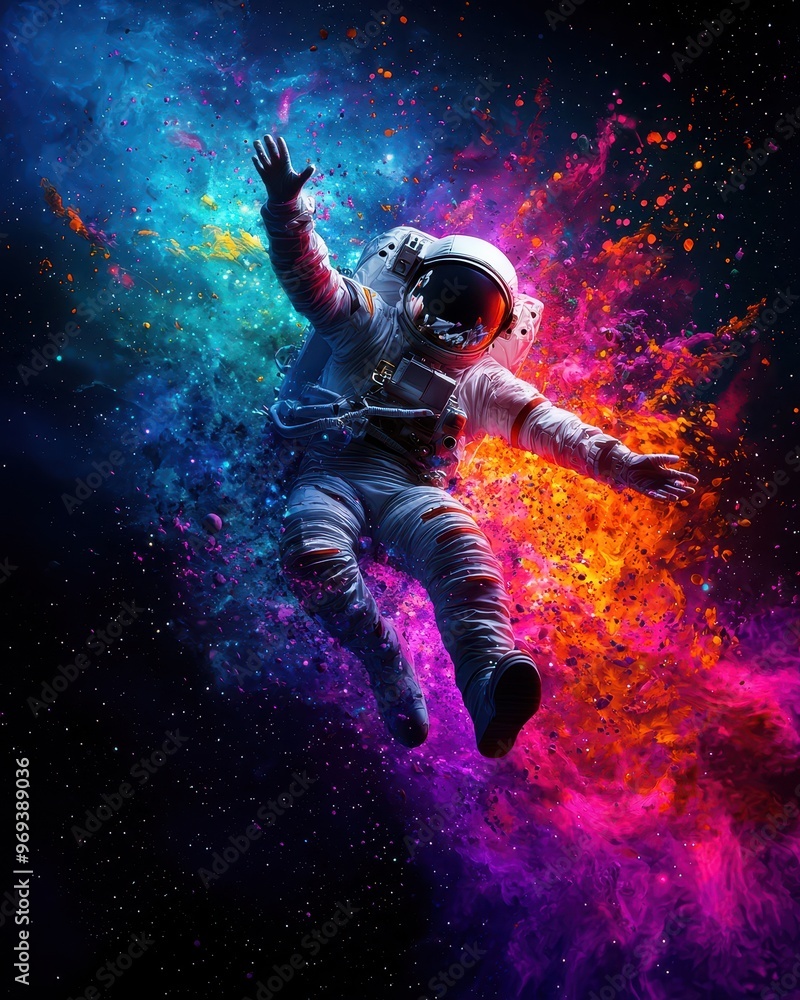 Fototapeta premium Astronaut floating in vibrant cosmic colors, space exploration concept art with surreal and vivid galactic background.