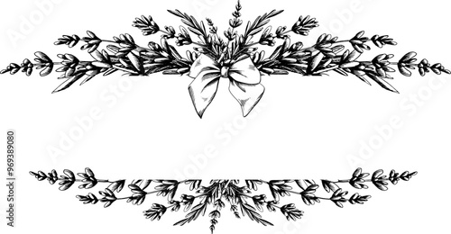Lavender flowers and leaves, branches decorated with satin bow. Hand drawn illustration with graphic line art in black and white ink. Horizontal, rectangular frame, template for text