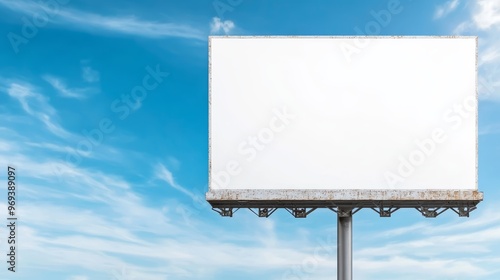 Empty billboard against a clear blue sky, ideal for advertising or promotional content. Perfect for layout designs and visual projects.