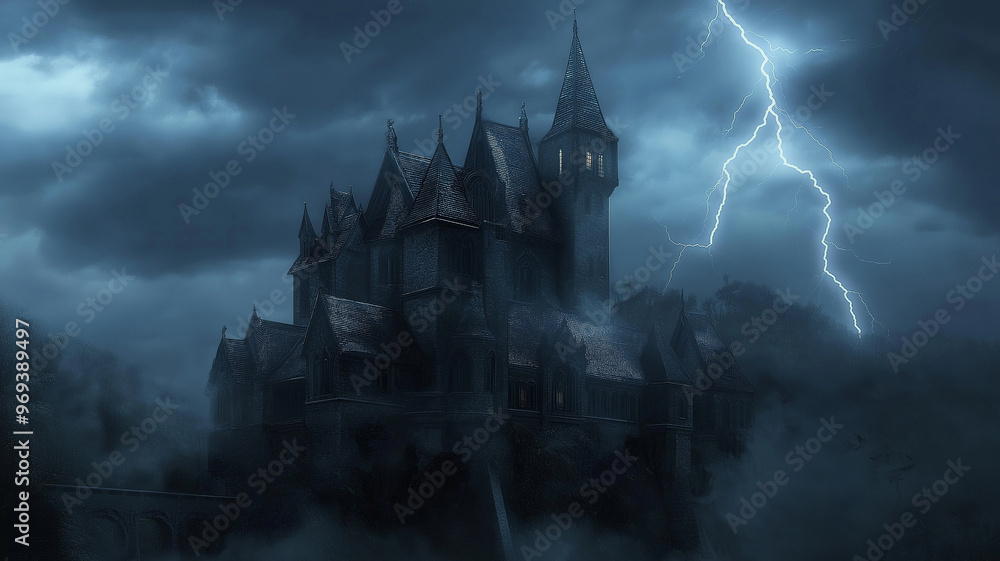 A castle with a lightning bolt in the sky A castle with a lightning bolt in the sky