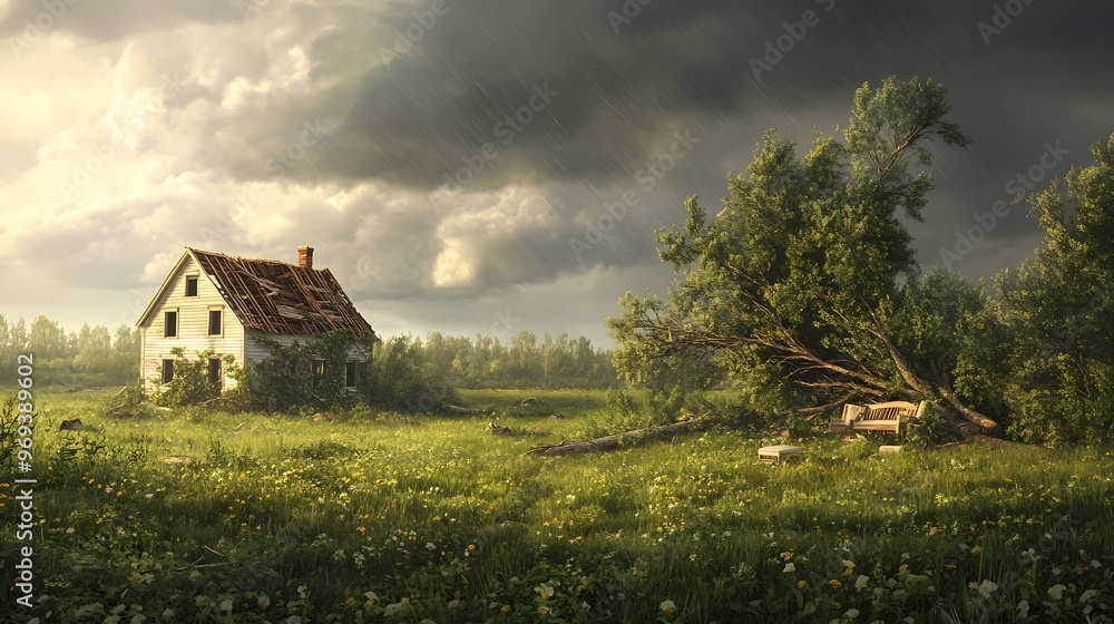 Obraz premium A devastated home with large fallen trees crushing the roof, broken furniture scattered across the lawn, a dark stormy sky looms above, hyperrealistic, muted colors, digital painting