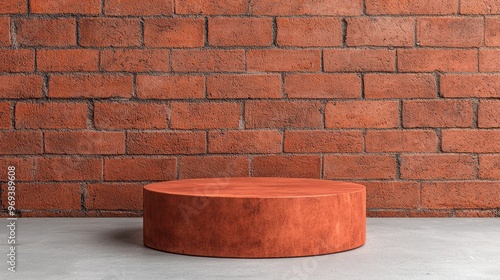 Circular orange cushion against a rustic brick wall, perfect for modern interiors and contemporary decor.