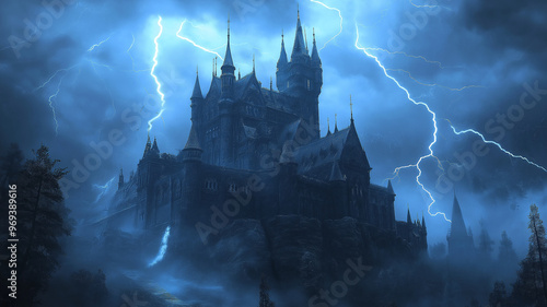 A castle is shown in a stormy sky with lightning bolts