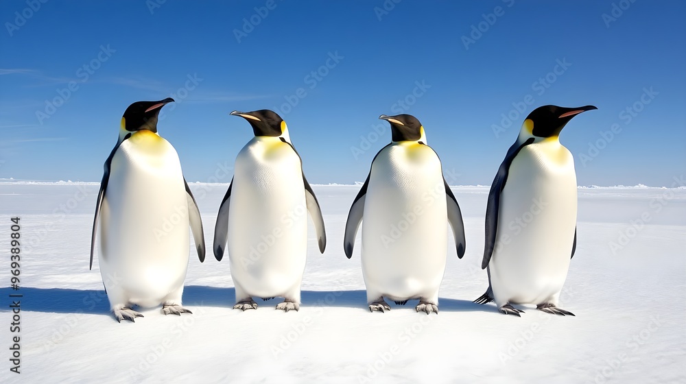Fototapeta premium Four majestic emperor penguins stand together against a stunning blue sky, capturing the essence of Arctic wildlife.