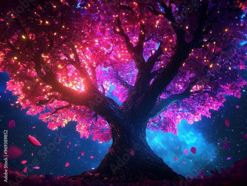 Magical glowing tree with vibrant pink and purple leaves under a starry night sky, creating a surreal and enchanting atmosphere.