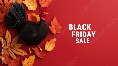 Festive Black Friday sale image featuring a turkey surrounded by colorful autumn leaves on a vibrant red background. photo