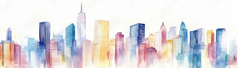 Fototapeta premium A watercolor skyline of a financial district, with buildings painted in soft, washedout colors