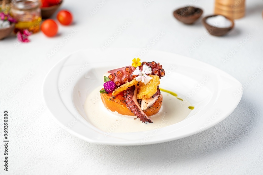 Gourmet octopus dish with vibrant garnishes and creamy sauce. Gourmet octopus dish with vibrant garnishes and creamy sauce.