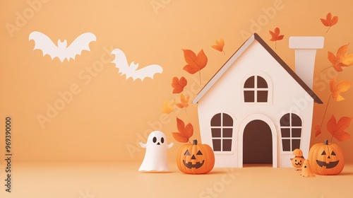 Haunted Halloween House with Eerie Decor and Trick-or-Treating Children - Spooky Jack-o-Lanterns Ghostly Figures and Autumn Leaves Capture the Enchanting Spirit of Halloween photo