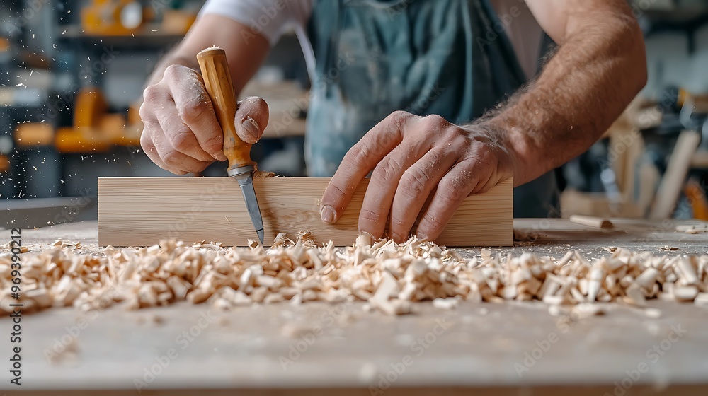 A carpenter�s hands skillfully guide a wood chisel across a plank, shaping the wood with precision. A carpenter�s hands skillfully guide a wood chisel across a plank, shaping the wood with precision.
