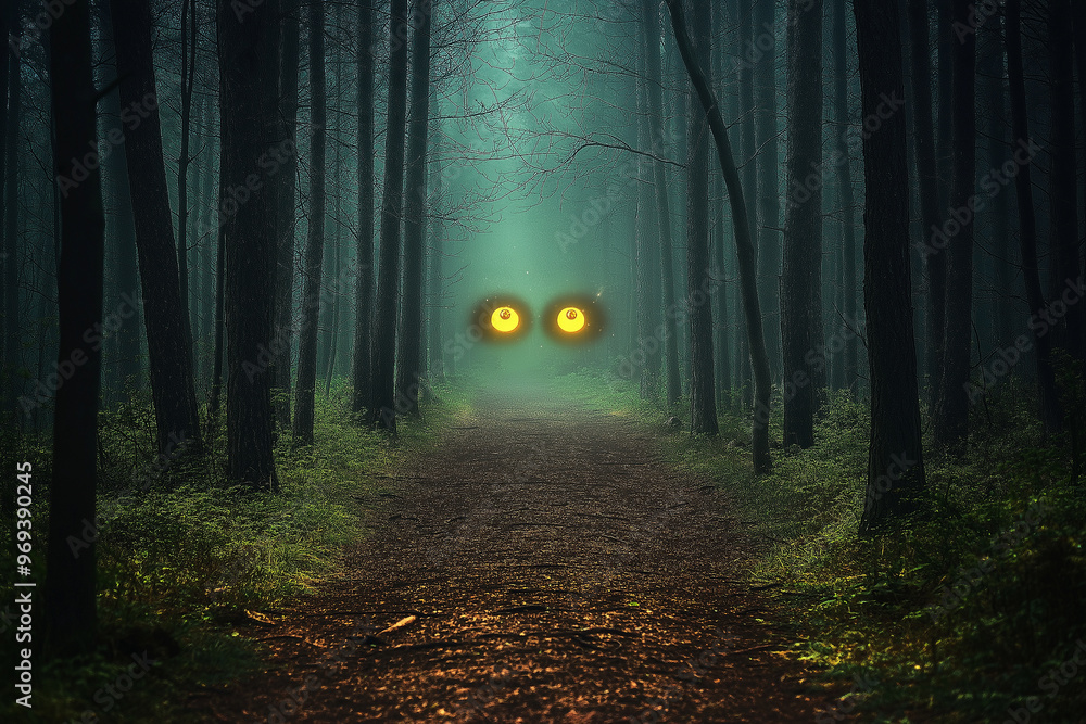 Fototapeta premium A forest path with two glowing eyes in the distance