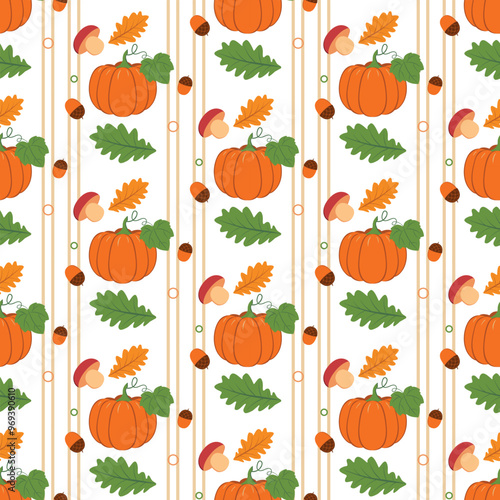 Autumn vector seamless pattern, red and brown mushrooms with aspen and oak leaves, Pumpkins, mushrooms, acorns, oak leaves and aspen leaves in flight