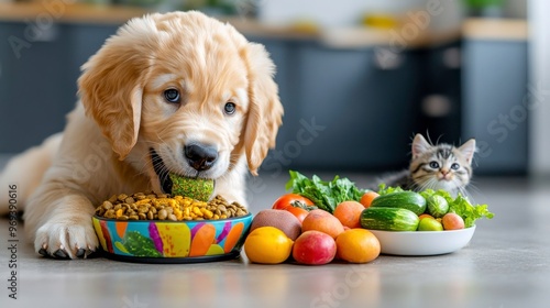 Fototapeta Naklejka Na Ścianę i Meble -  Golden Retriever Eating Dog Food from Bowl as Cat Watches.