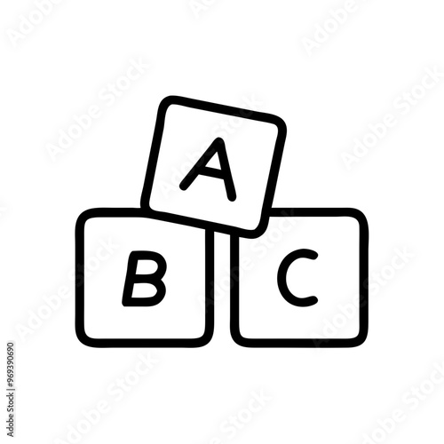 Alphabet blocks icon, simple design, black and white, educational toys illustration, copy space
