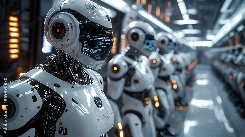 Fototapeta premium A futuristic robot army stands in formation within an industrial setting, ready for action.