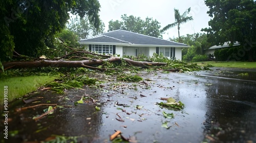 A family home in ruins after a violent storm, huge trees collapsed onto the roof, yard full of debris, with heavy rain still pouring down photo