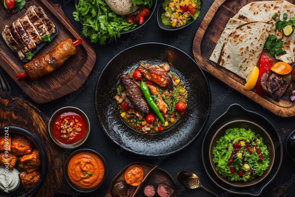 Depiction of menu variety in food service where diverse culinary traditions are represented on a single menu offering guests a global dining experience Depiction of menu variety in food service where diverse culinary traditions are represented on a single menu offering guests a global dining experience