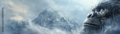 Majestic creature gazing over snow-covered mountains, enveloped in mist and mystery, showcasing the beauty of nature and wildlife.